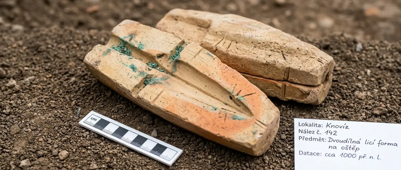 Ancient bronze spearhead casting mold discovered in Czech Republic backyard showing detailed weapon manufacturing grooves