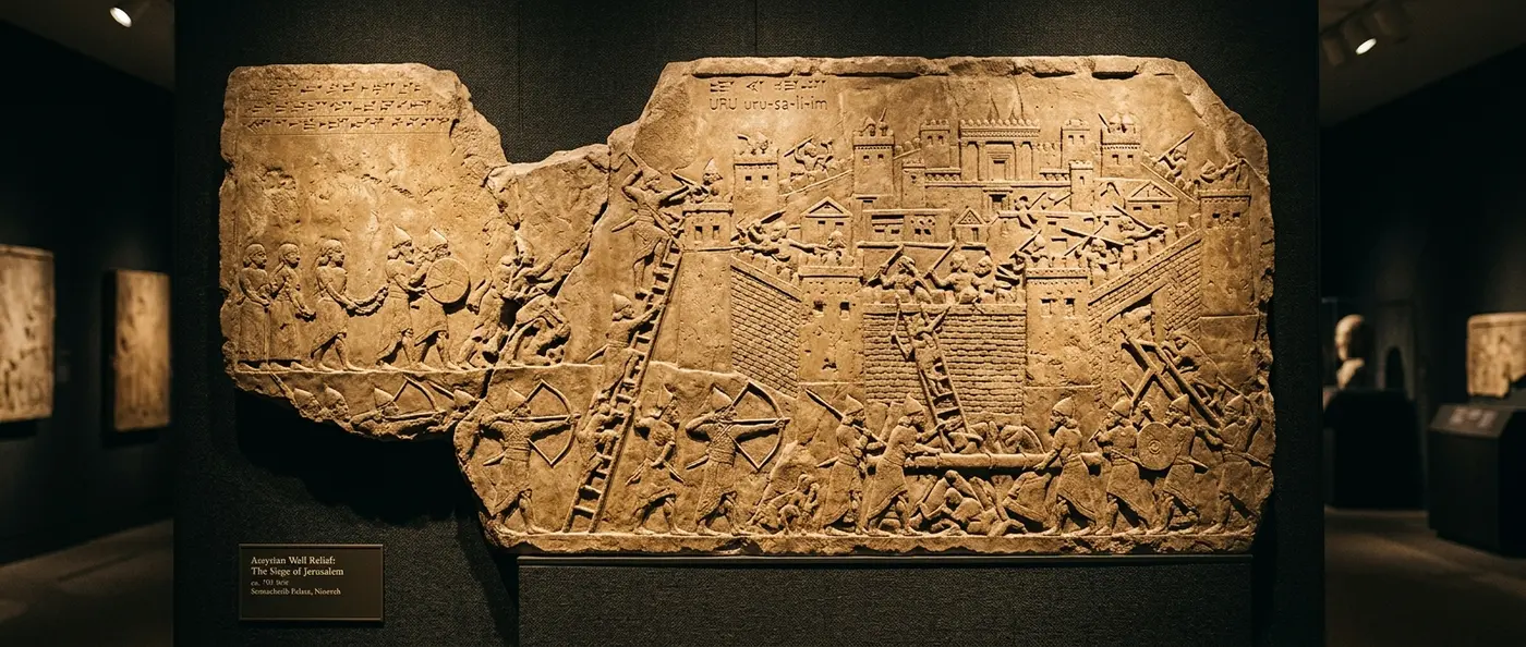 Ancient Assyrian palace relief fragment showing possible Jerusalem depiction from Sennacherib's Nineveh palace