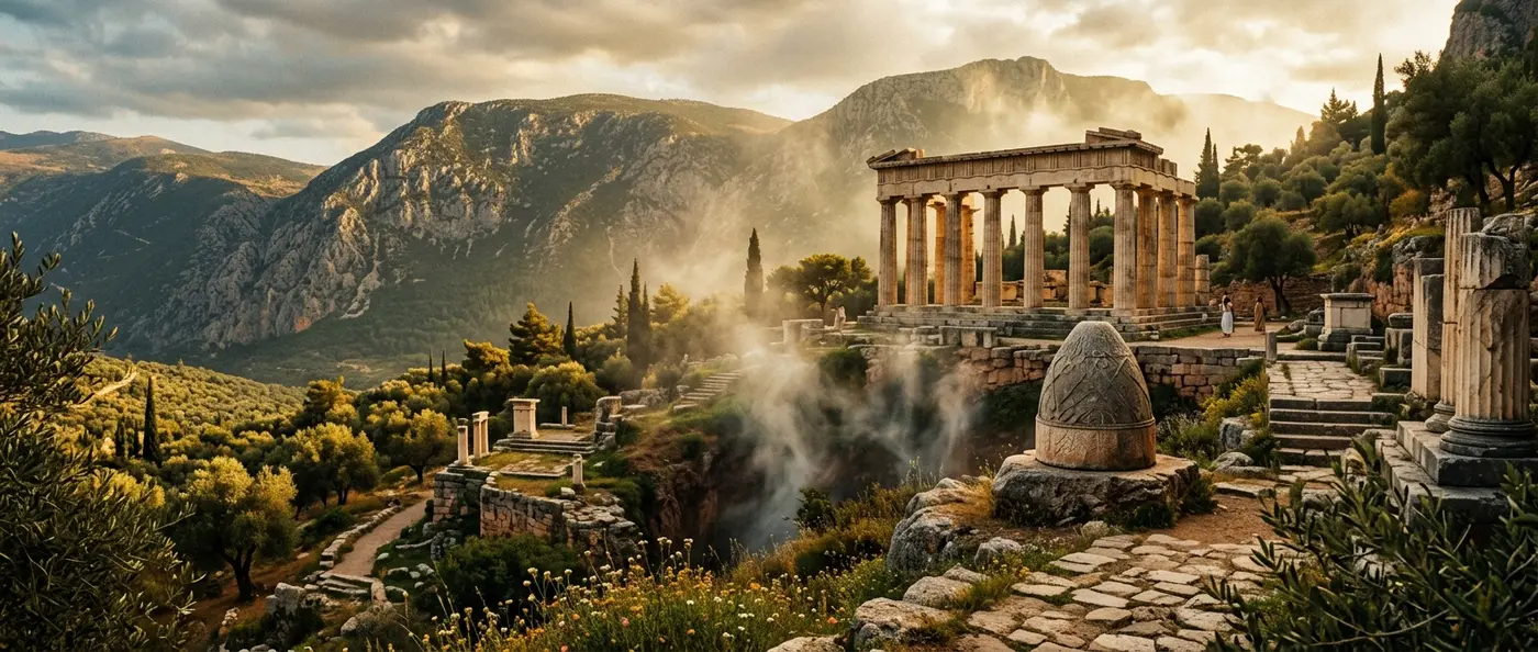 Ancient Oracle at Delphi temple ruins with mountain backdrop