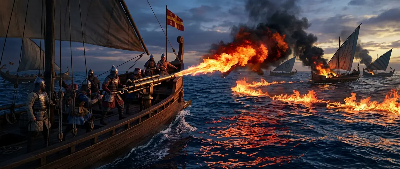 Byzantine warships deploying Greek Fire against enemy fleet in Constantinople harbor