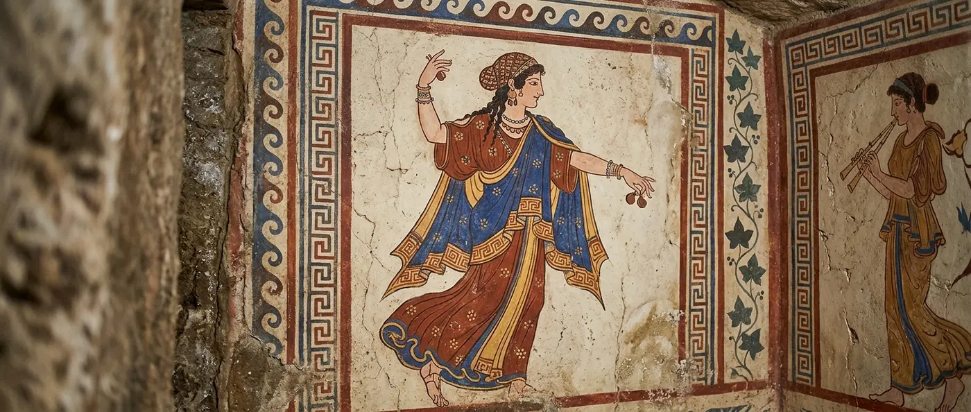 Ancient Etruscan tomb with artifacts and wall paintings depicting mysterious pre-Roman civilization