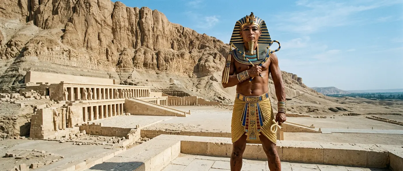 Άγαλμα της φαραώ Χατσεψούτ με την παραδοσιακή βασιλική γενειάδα στο ναό του Ντέιρ ελ-Μπαχάρι