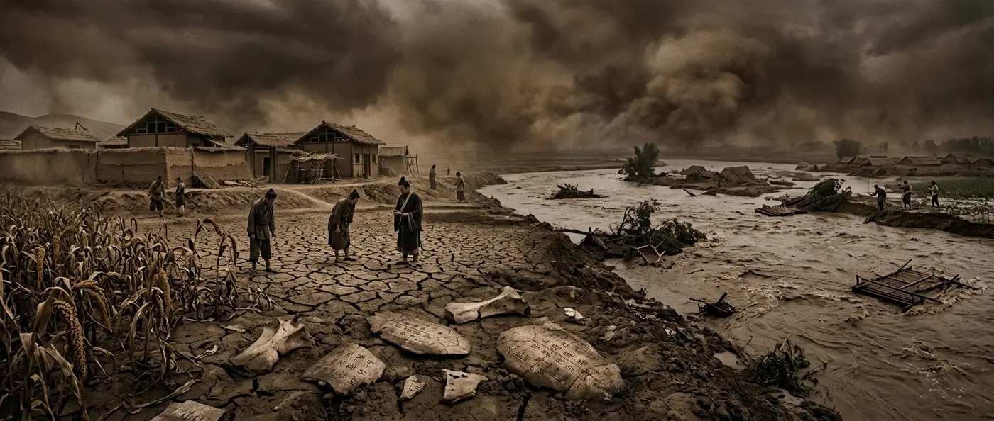 Ancient Chinese landscape showing the Yellow River during Bronze Age climate disasters