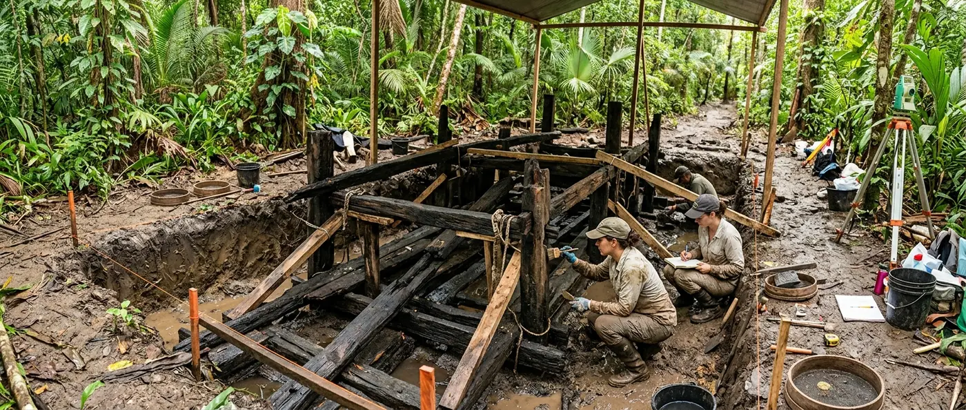 Ancient Maya royal tomb chamber at Caracol showing jade artifacts and ceremonial pottery from 350 AD