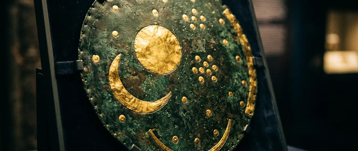 The Nebra Sky Disk displaying bronze and gold astronomical symbols from 3,600 years ago