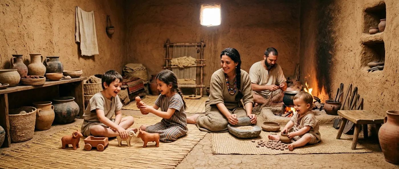 Ancient Mesopotamian family scene showing parents, children, and daily household activities from archaeological evidence