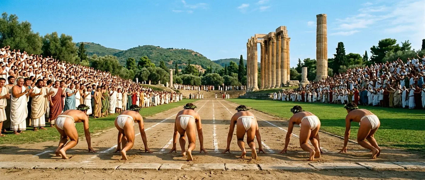 Ancient Olympic Games starting ceremony in Olympia with athletes and spectators around Zeus temple