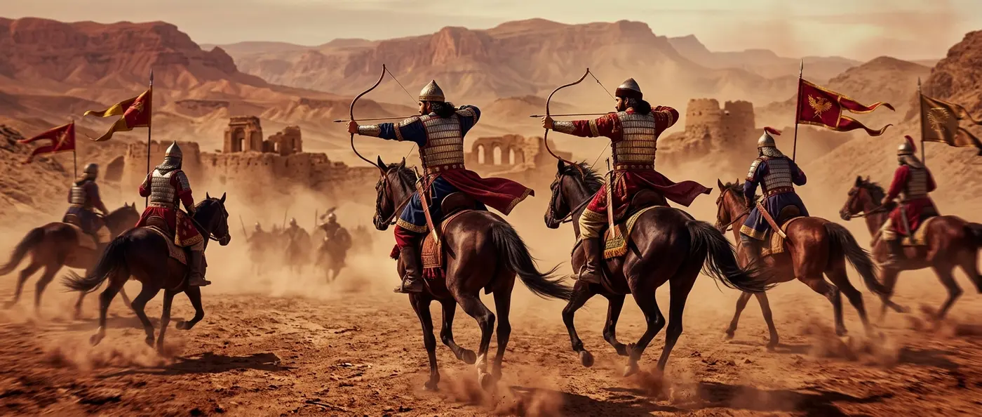 Parthian heavy cavalry charging Roman legions in the desert