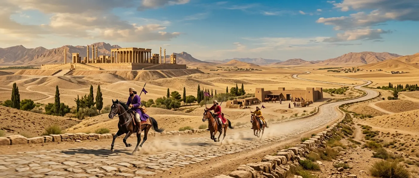 Persian Royal Road stretching across ancient empire landscape with mountains and desert terrain