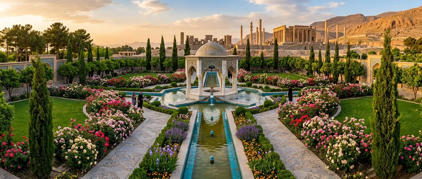 Ancient Persian paradise garden with geometric design and water channels