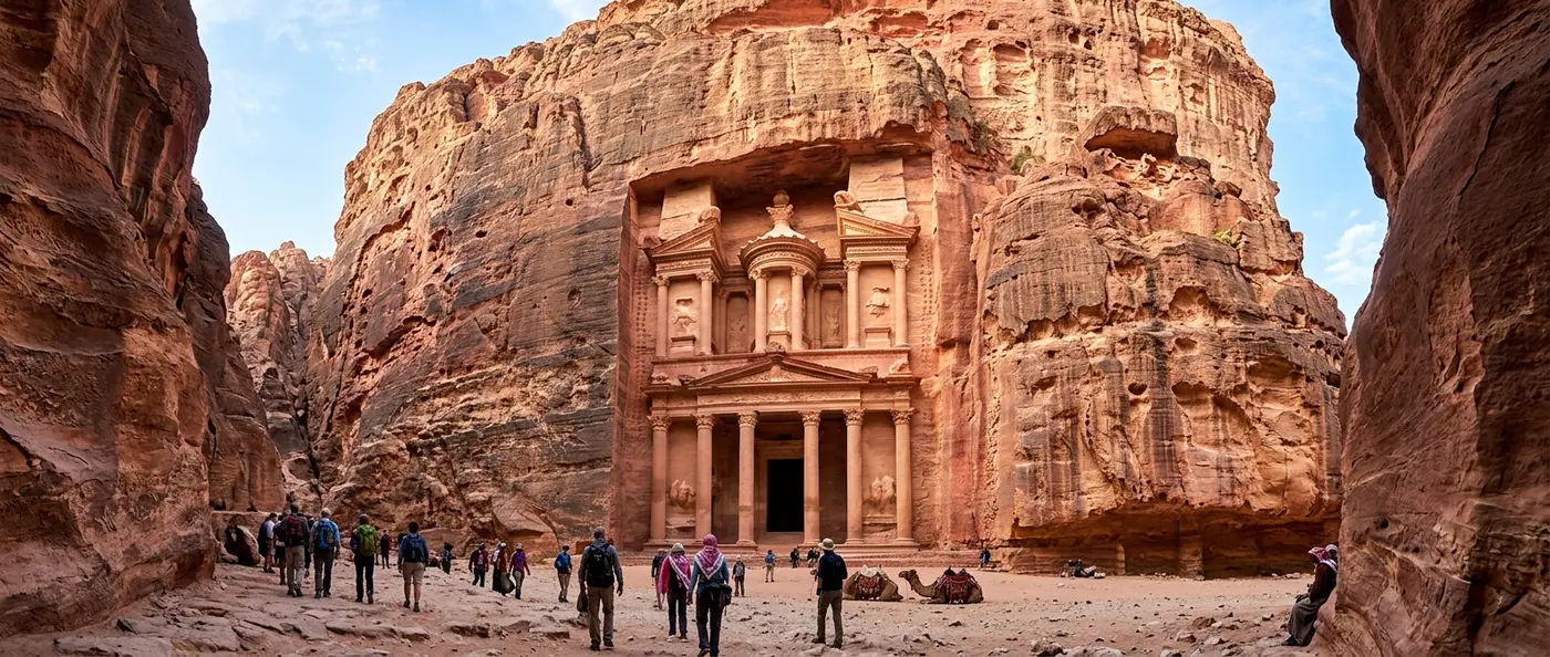 Petra's Treasury carved into sandstone cliff face in Jordan
