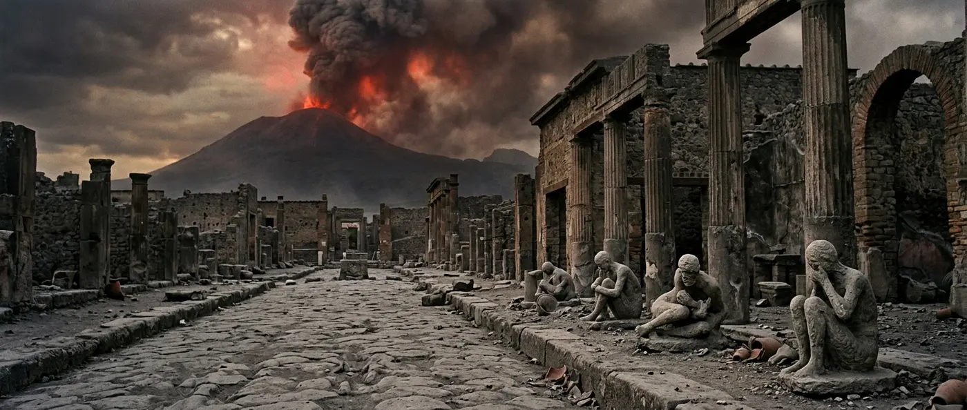 Ancient Roman streets of Pompeii preserved under volcanic ash with Mount Vesuvius in background