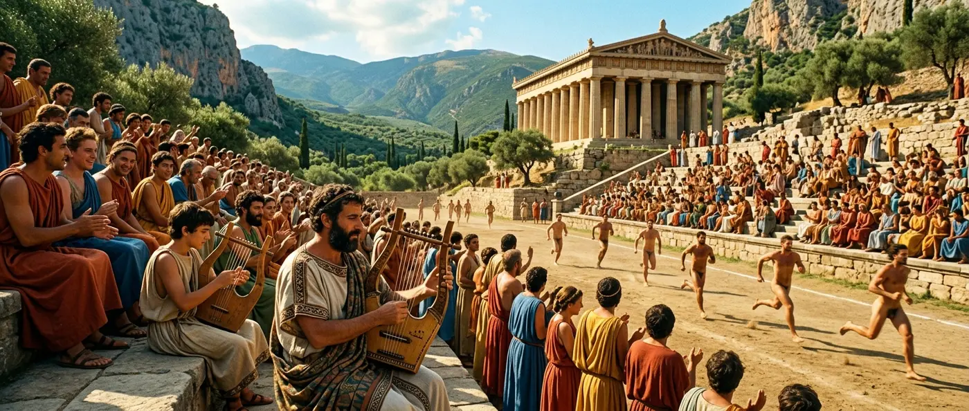 Ancient Greek musicians competing with lyres at the Pythian Games in Delphi's mountain stadium