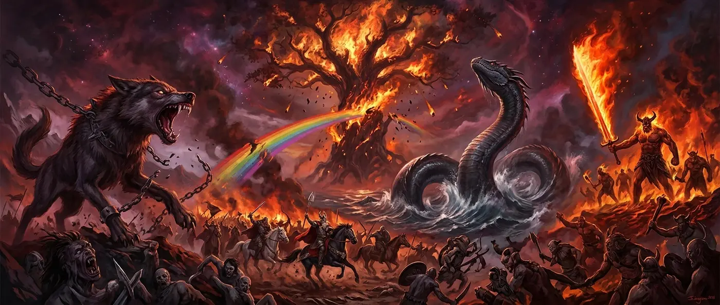 Epic depiction of Ragnarök showing the final battle between Norse gods and mythological creatures at Vigrid