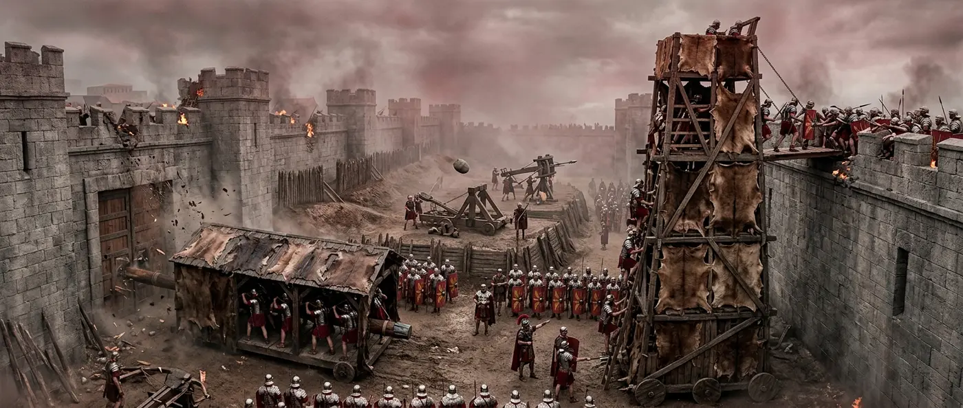 Roman siege engines including ballistas and battering rams attacking ancient city walls