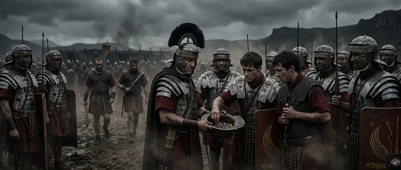 Roman soldiers lined up for decimatio punishment in ancient military camp