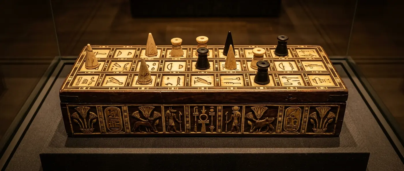 Ancient Egyptian Senet board game with wooden pieces and carved squares