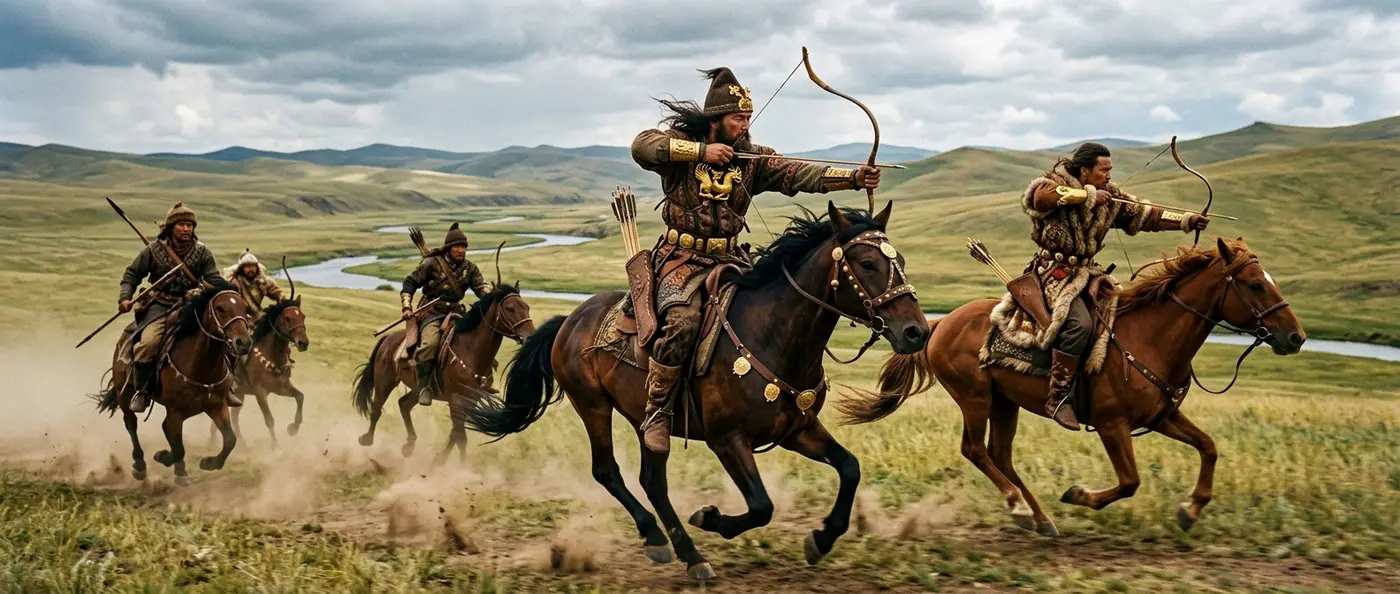 Scythian nomad warriors on horseback conducting lightning cavalry raids across the steppes