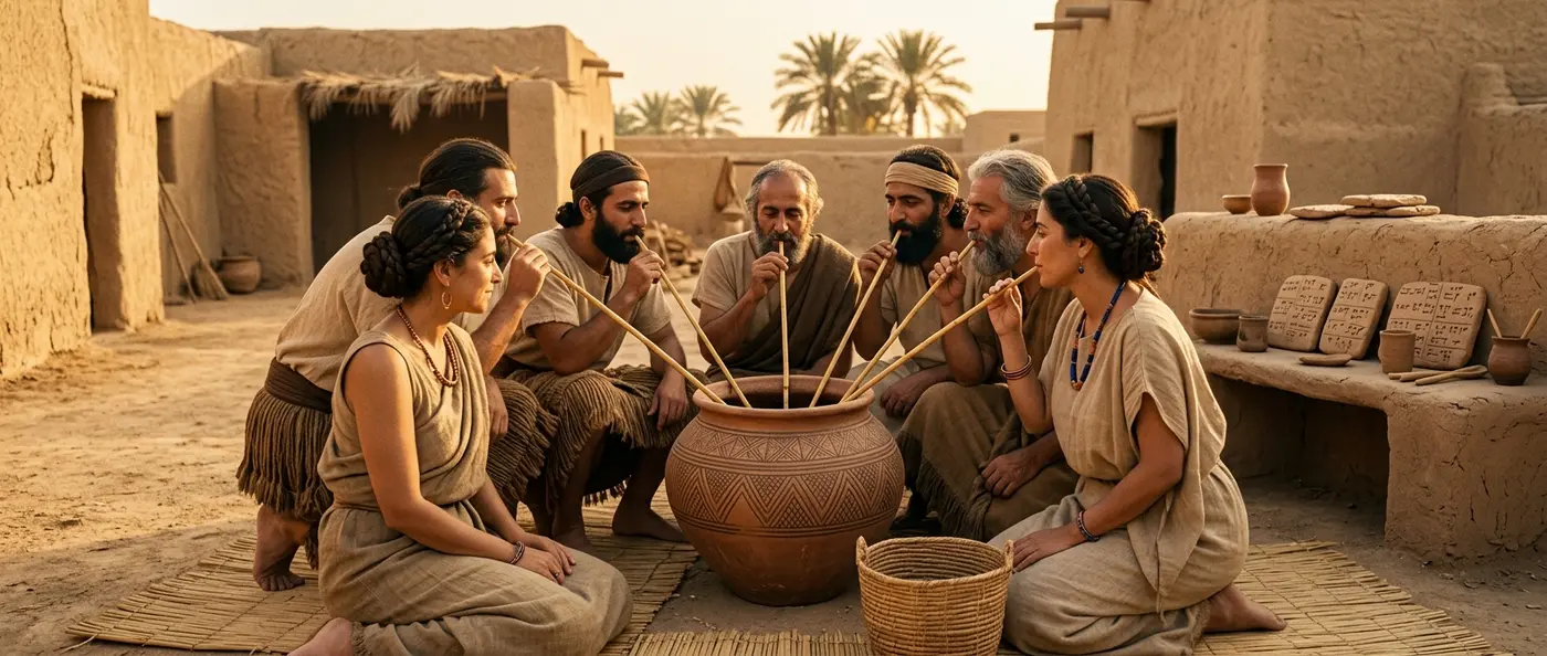 Ancient Sumerian workers drinking beer through straws from clay vessels
