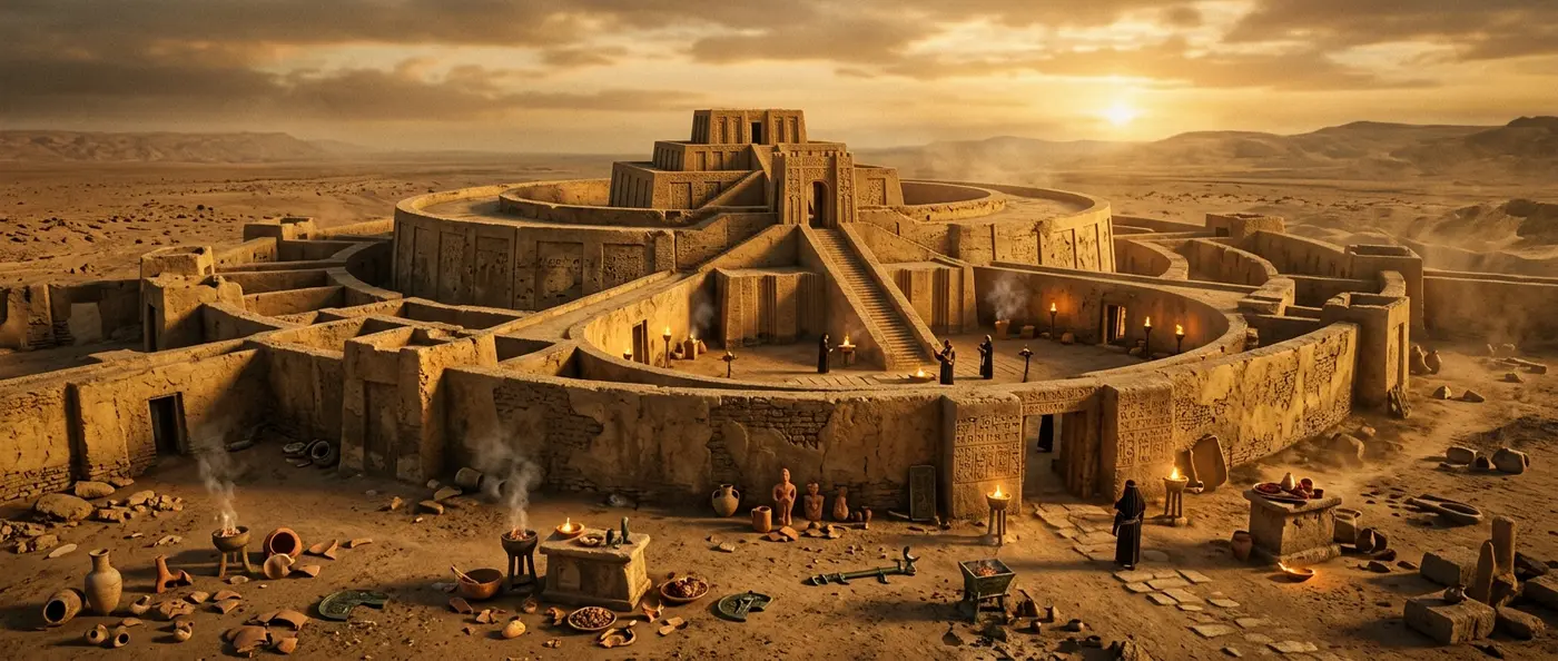 Aerial view of the 5,000-year-old temple complex excavation site at Kani Shaie in northern Iraq