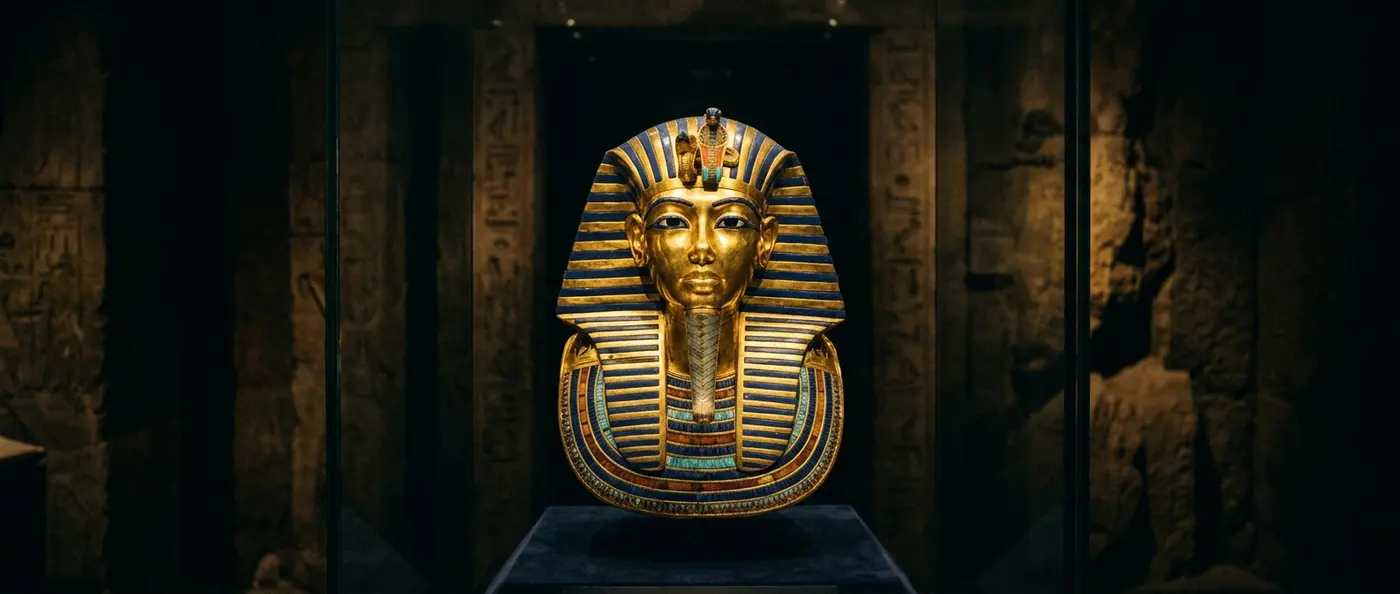 Golden funeral mask of Tutankhamun showing the boy pharaoh's face with intricate Egyptian decorations