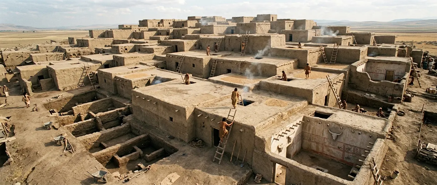 Αναπαράσταση της αρχαίας πόλης Τσαταλχουγιούκ με τα χαρακτηριστικά σπίτια χωρίς δρόμους στην κεντρική Τουρκία
