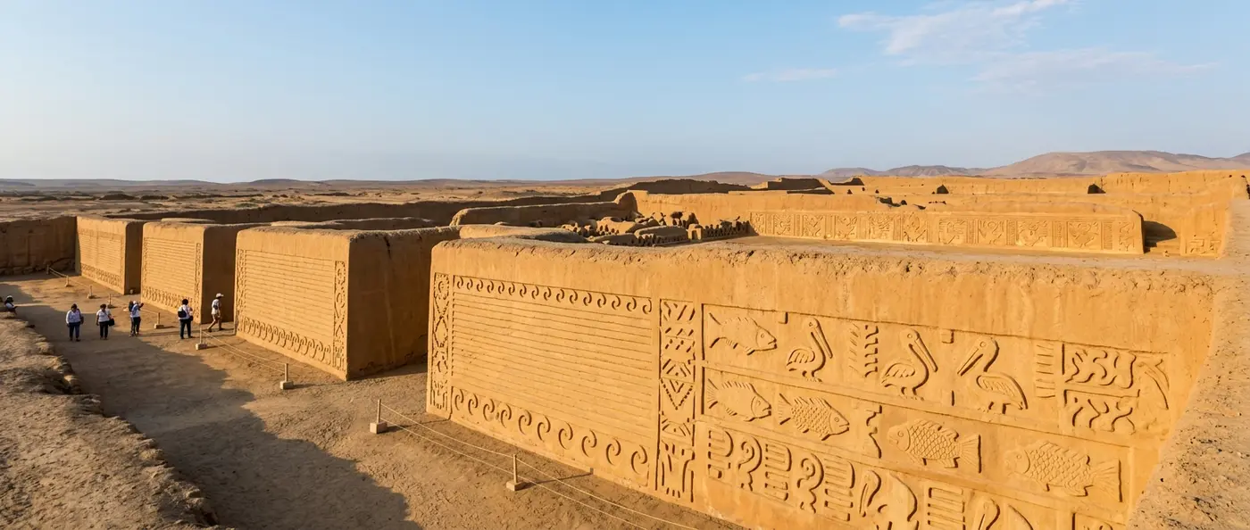Aerial view of Chan Chan mud-brick ruins, capital of the Chimú empire in Peru