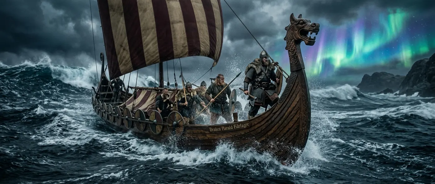 Viking longship sailing through fjord with armed warriors aboard