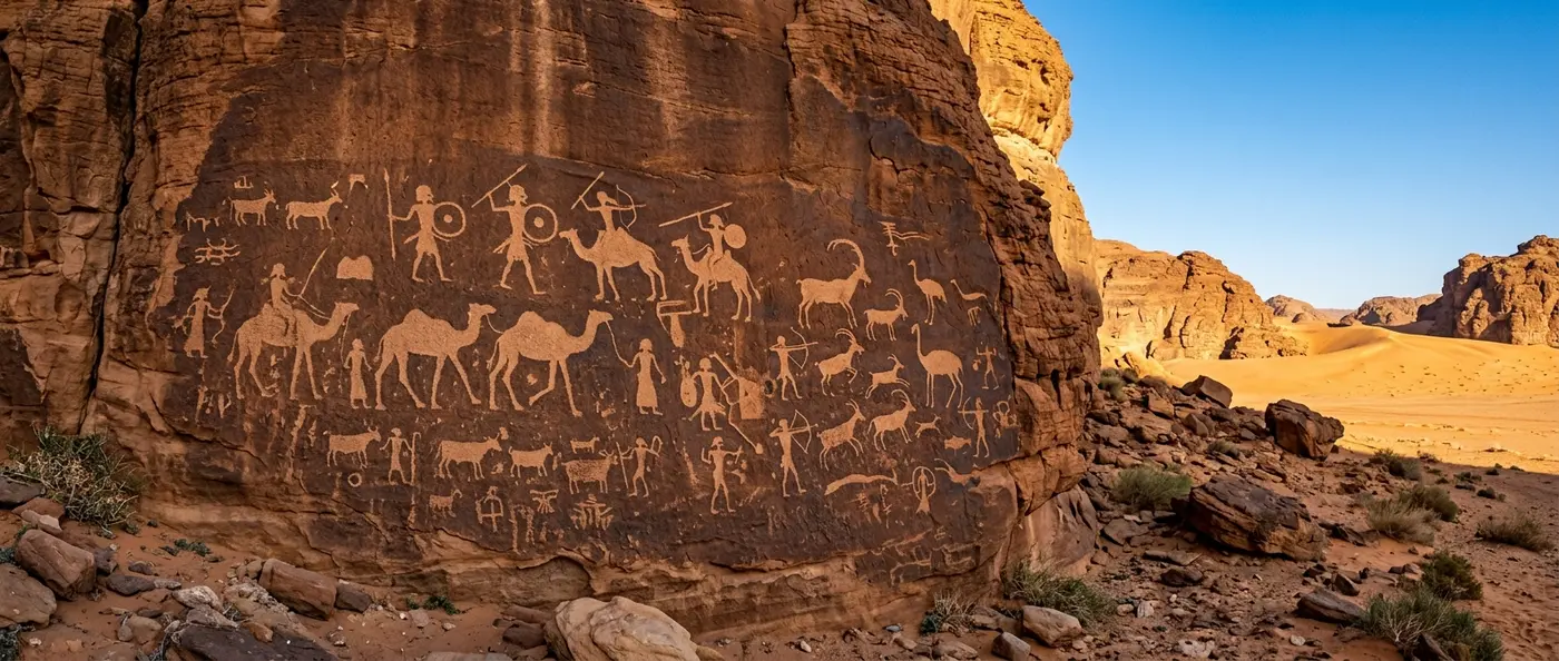 Ancient camel petroglyphs carved into desert rock face in Saudi Arabia's Nafud desert, showing detailed life-size figures from 12,800 years ago