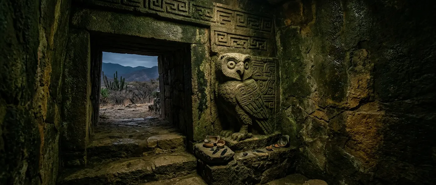 Zapotec owl tomb sculpture discovered in Mexico showing ancient death rituals and psychopomp symbolism