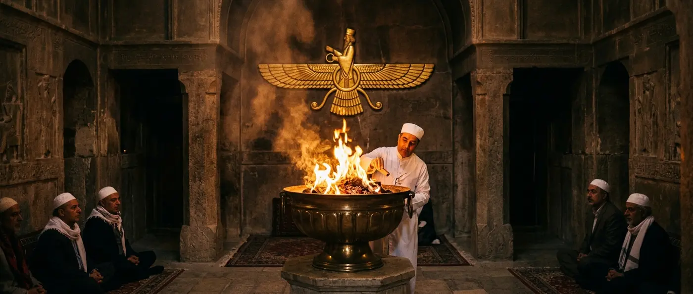 Ancient Zoroastrian fire temple with eternal flame burning, symbol of the world's oldest monotheistic religion
