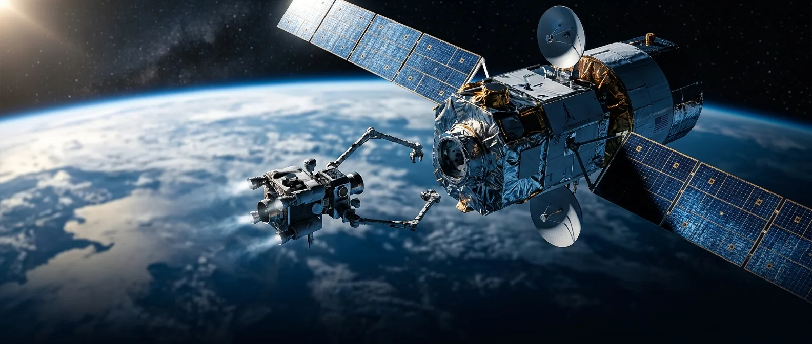 Robotic satellite servicing mission concept showing automated refueling in geostationary orbit