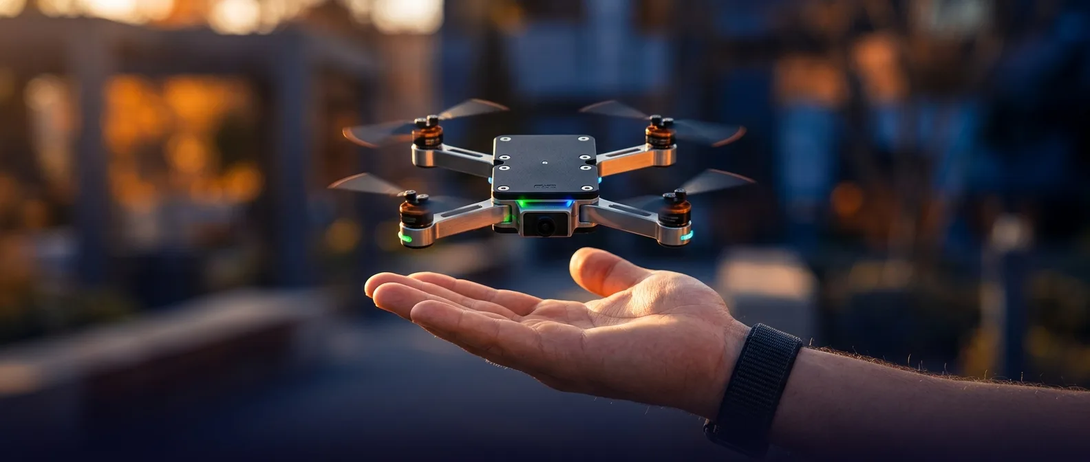 Micro Drone Neo 3.0 in flight showing lightweight design and replaceable propellers