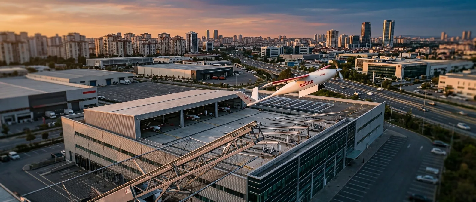 Zipline autonomous drone preparing for delivery flight with medical supplies