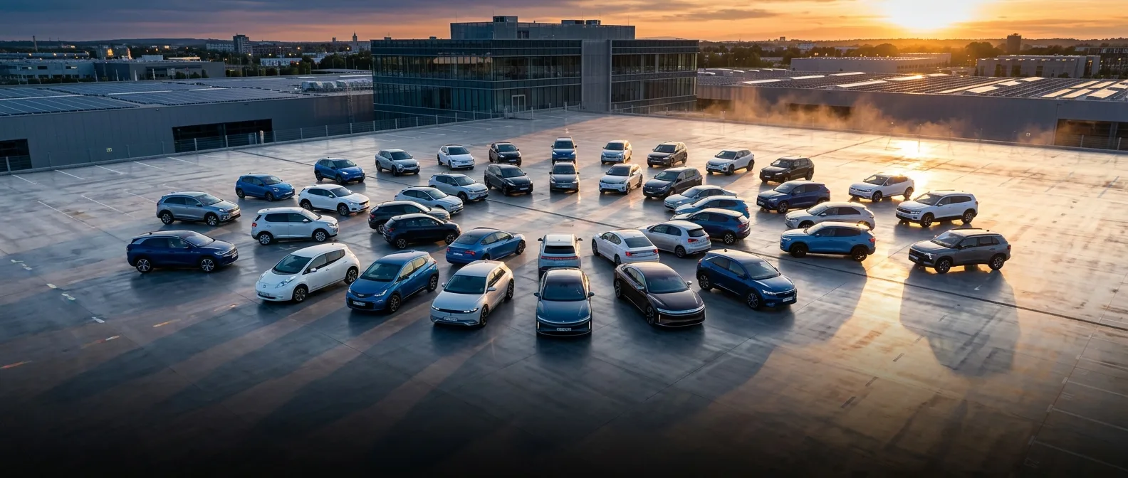 Collage of 32 new electric vehicle models launching in America during 2026, showing budget to luxury EVs