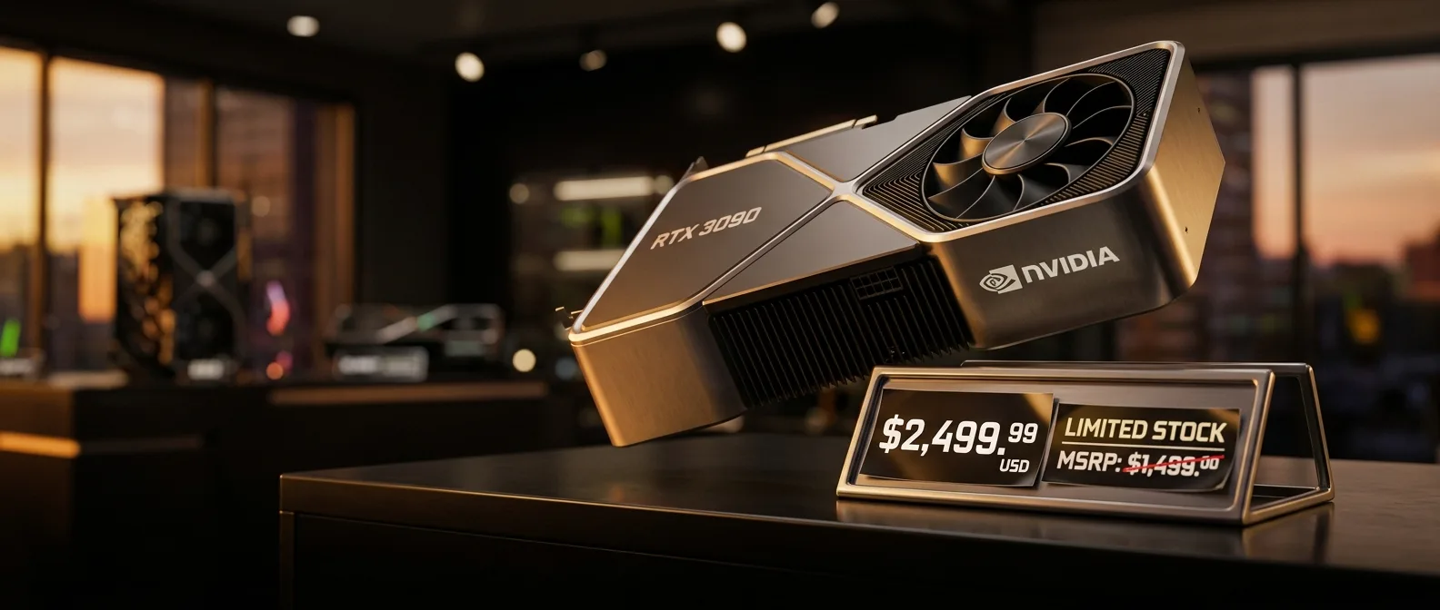 RTX 5090 graphics card with $5,090 price tag highlighting extreme GPU pricing crisis