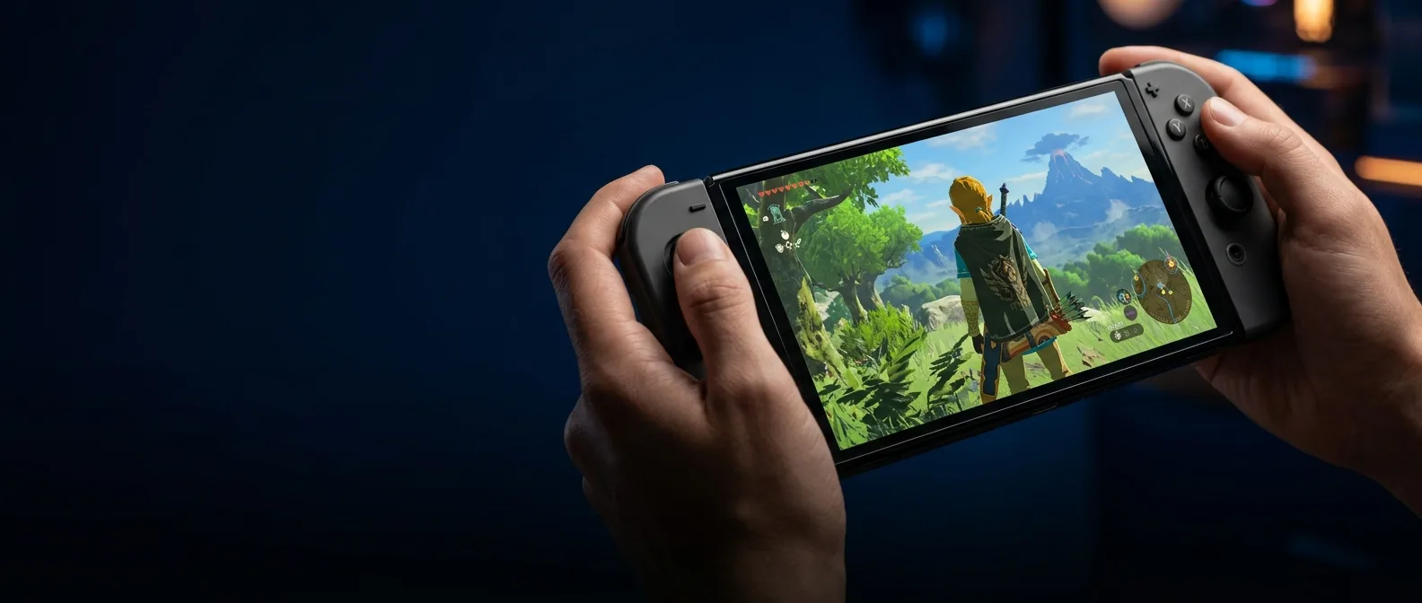 Nintendo Switch 2 console in handheld mode displaying 1080p gameplay with enhanced graphics