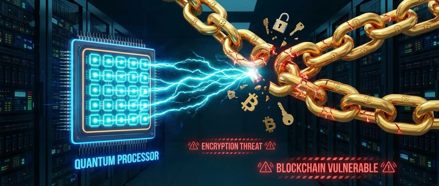 Quantum computer visualization threatening Bitcoin blockchain security with glowing qubits and cryptocurrency symbols