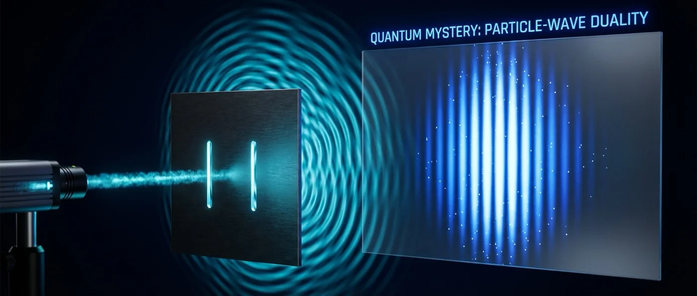 Double-slit experiment setup showing electron beam creating interference pattern on detector screen