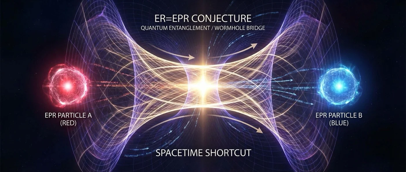 Visualization of quantum entangled particles connected through microscopic Einstein-Rosen bridge wormholes illustrating the ER=EPR conjecture