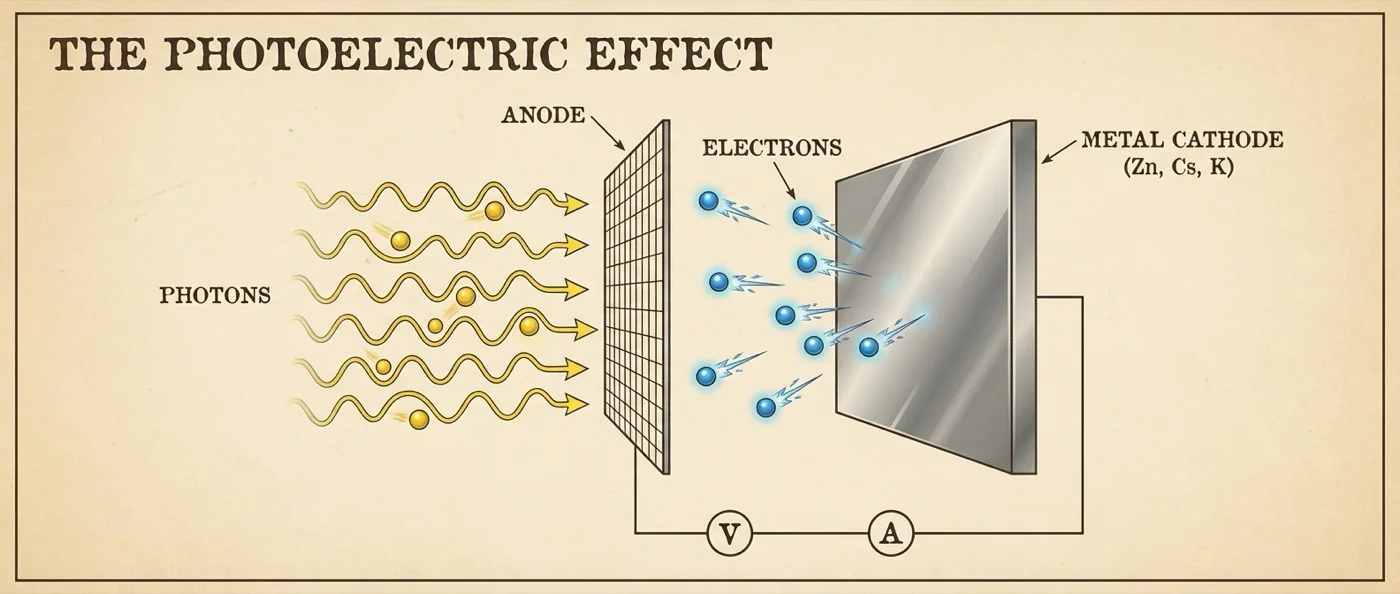 Einstein's photoelectric effect diagram showing photons ejecting electrons from metal surface, illustrating the quantum nature of light