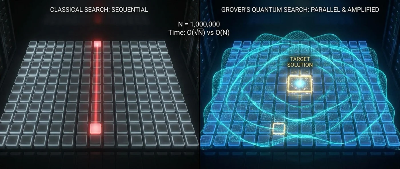 Visual representation of Grover's algorithm quantum search process showing amplitude amplification and database querying