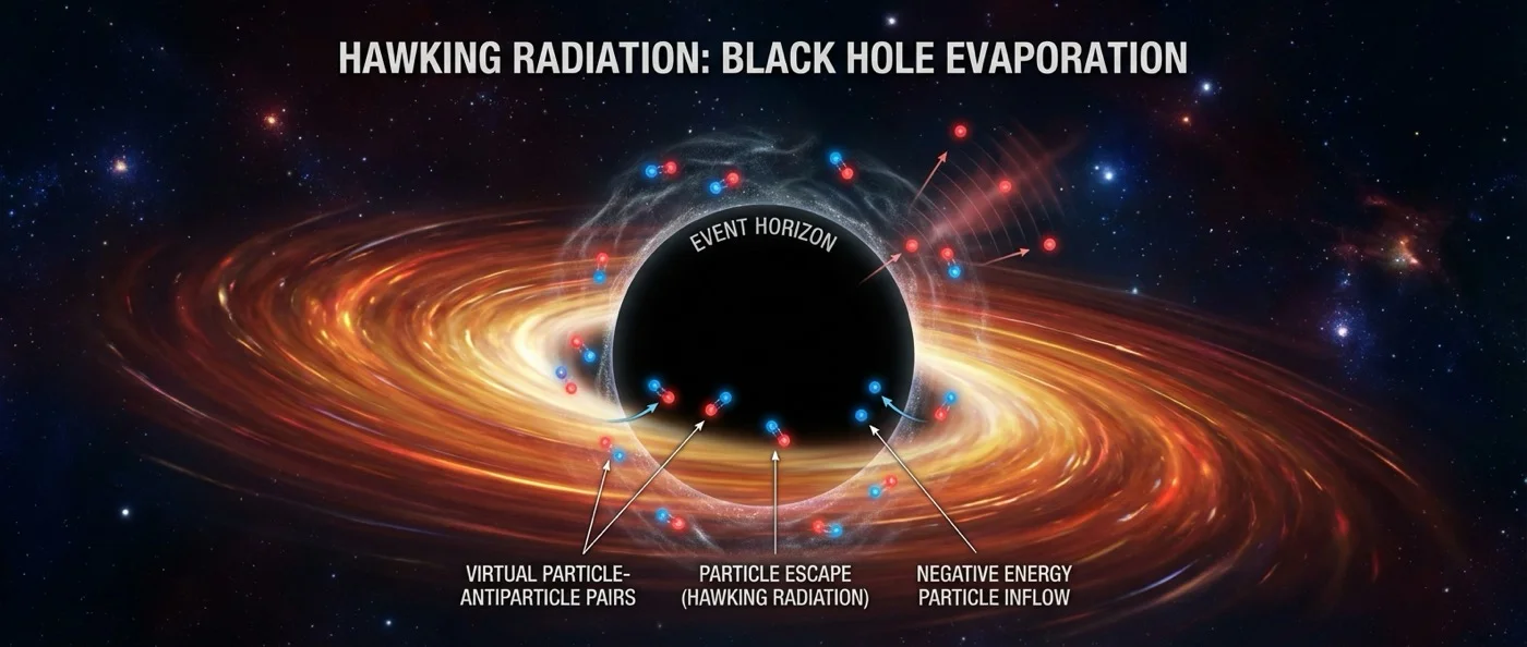Artistic visualization of Hawking radiation escaping from a black hole's event horizon with quantum particle pairs