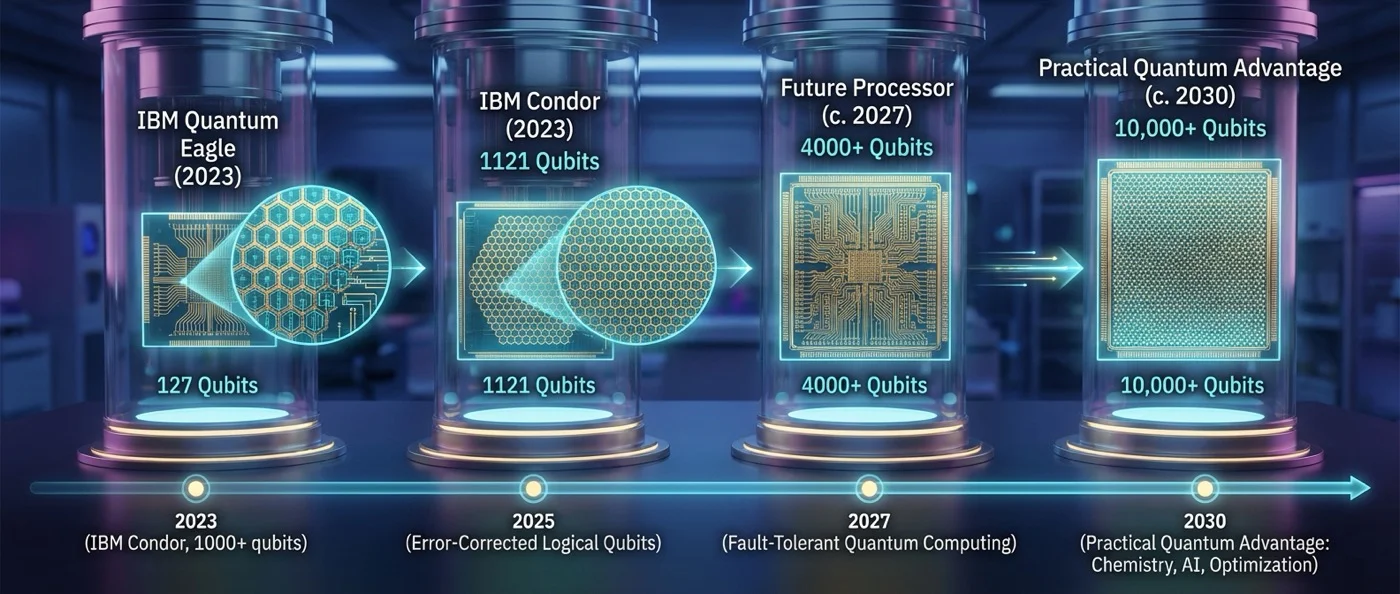 IBM's quantum computing roadmap timeline showing progression from 5 qubits to 100,000 qubits by 2033 with key milestones
