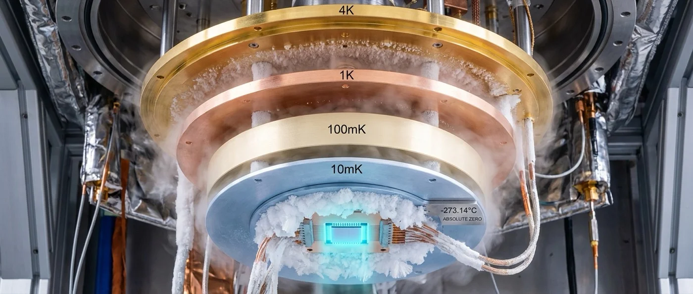 Dilution refrigerator cooling system for quantum computer with multiple temperature stages reaching near absolute zero
