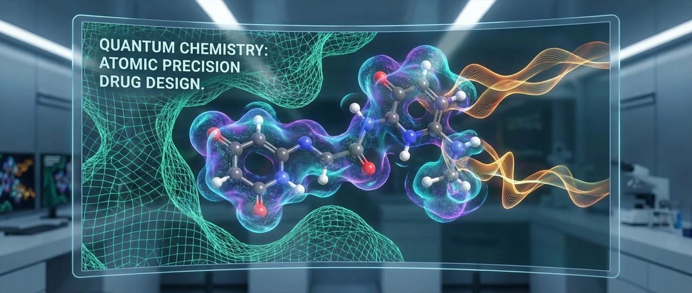 Molecular visualization showing quantum-level drug-protein binding interactions for precision medicine design