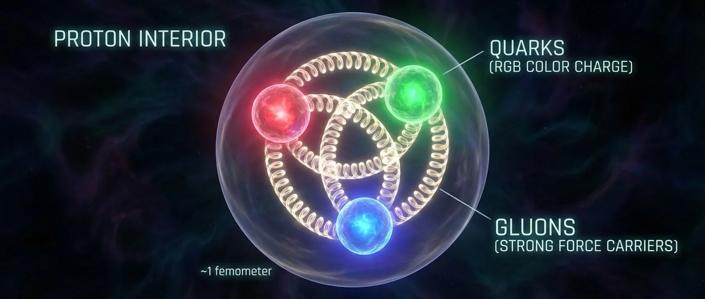 Visual representation of quantum chromodynamics showing quarks bound by gluons inside a proton nucleus