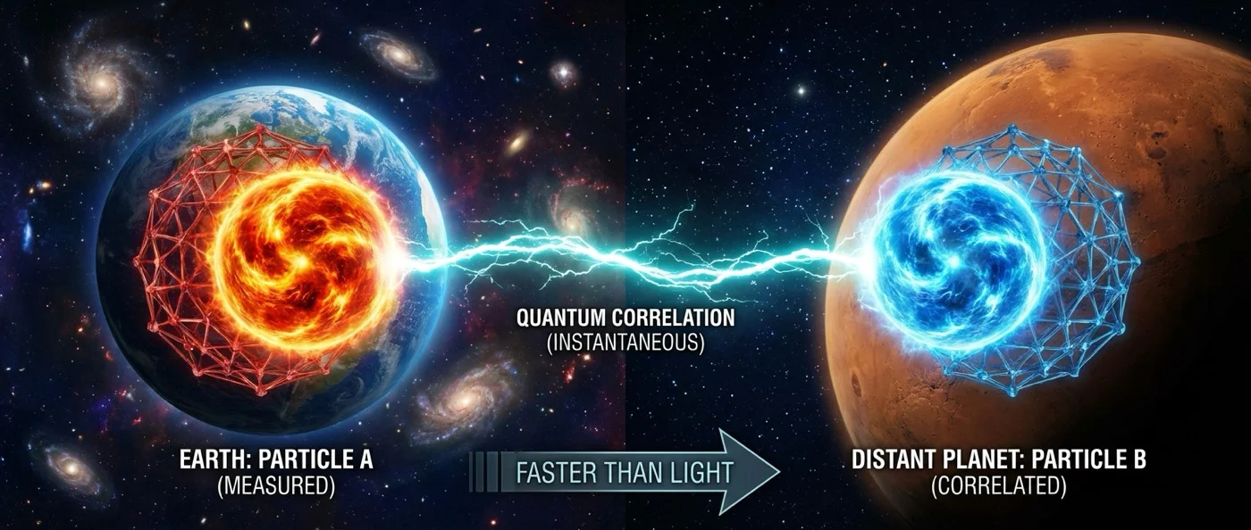 Two quantum entangled particles connected by mysterious energy waves demonstrating spooky action at a distance