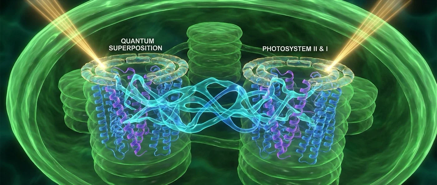 Molecular diagram showing quantum coherence pathways in plant photosynthesis with energy transfer visualization