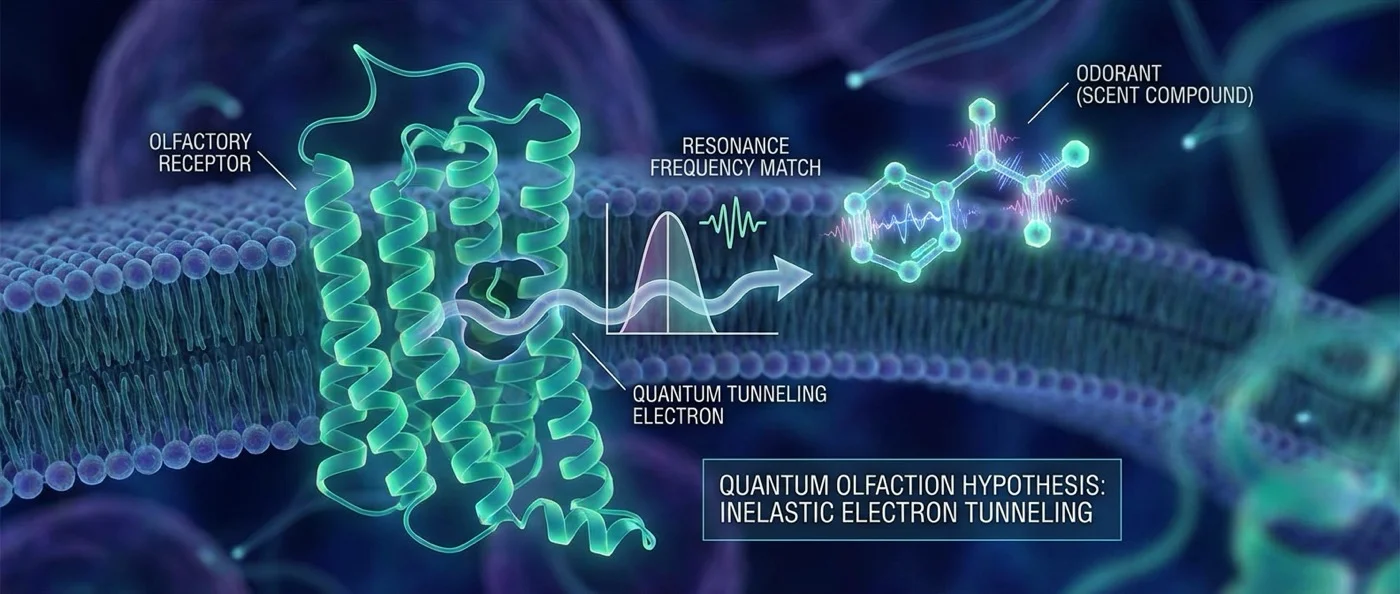 Illustration showing quantum vibrations and electron tunneling in olfactory receptors during smell detection